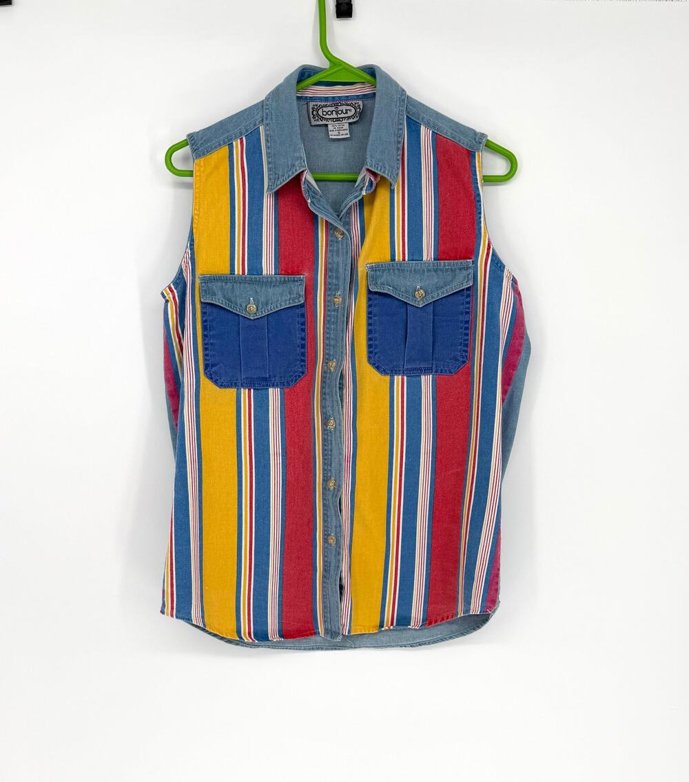 Bonjour Vintage 90s Denim Sleeveless Shirt Womens S Colorful Striped Western Y2K